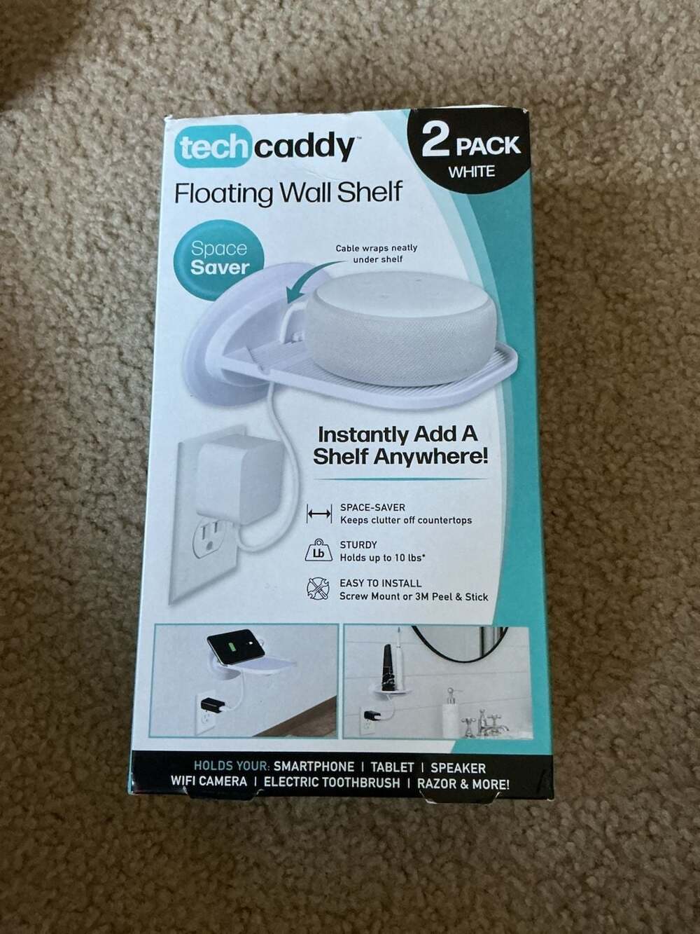 Tech Caddy Floating Wall Shelf 2 Pack White Space Saver Smart Device Holder